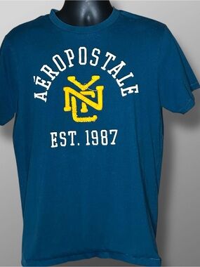 Aeropostale Mens Large Graphic Tee NYC 1987 Applique Embroidered Blue Shirt